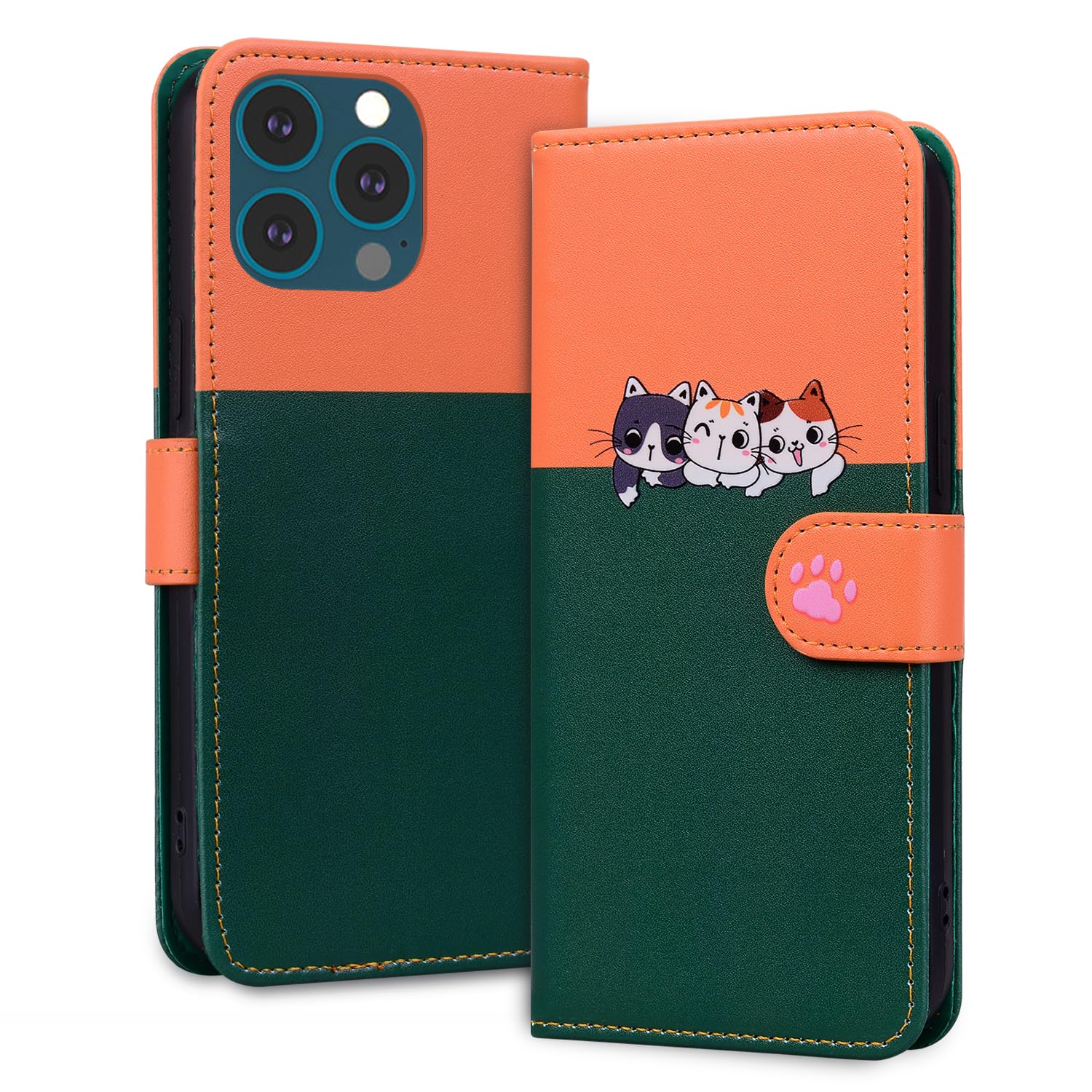 Tiyoo Lovely & Cute Flip Wallet Phone Case for iphone 13 Pro Max with Cartoon Cat&Dog Pattern,Premium Magnetic PU+TPU Leather for high protection Phone Cover for iphone 13Pro Max(Dark Green&Orange)