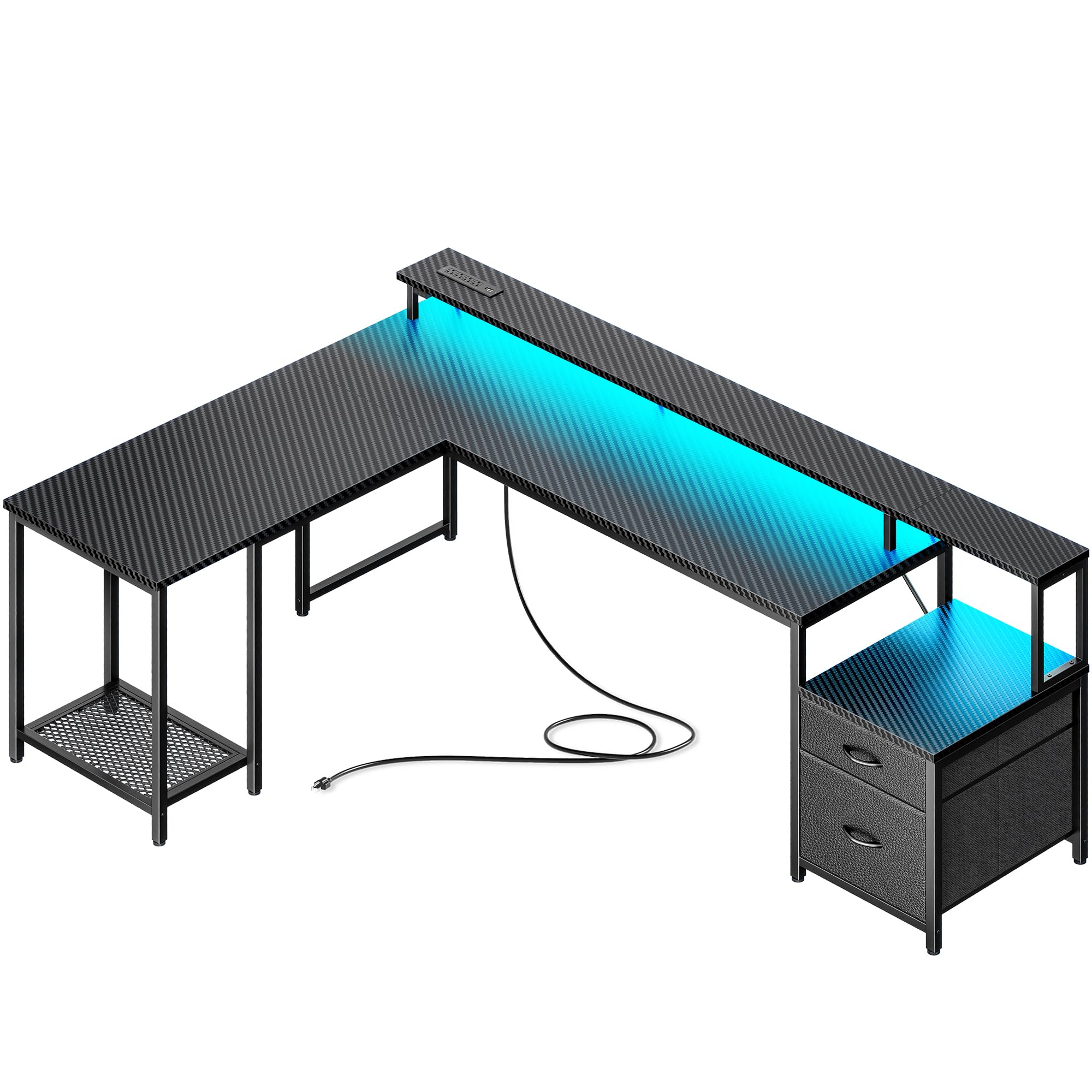 PRAISUN 66" L Shaped Gaming Desk with LED Lights & Power Outlets, Computer Desk with Fabric Drawers and Print Stand, Corner Office Desk, Monitor Stand, Mesh CPU Stand, Carbon Fiber Black