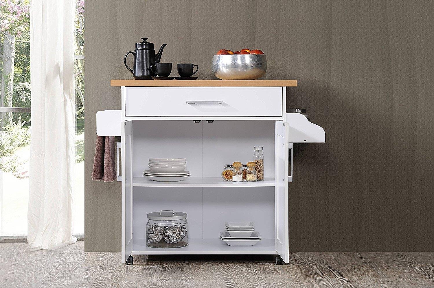 Hodedah Kitchen Island with Spice Rack, Towel Rack Drawer, White with