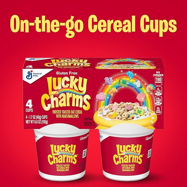 LUCKY CHARMS GLUTEN FREE CEREAL WITH MARSHMALLOWS, KIDS BREAKFAST CEREAL, MADE WITH WHOLE GRAIN, 4 CEREAL CUPS, 6.8 OZ