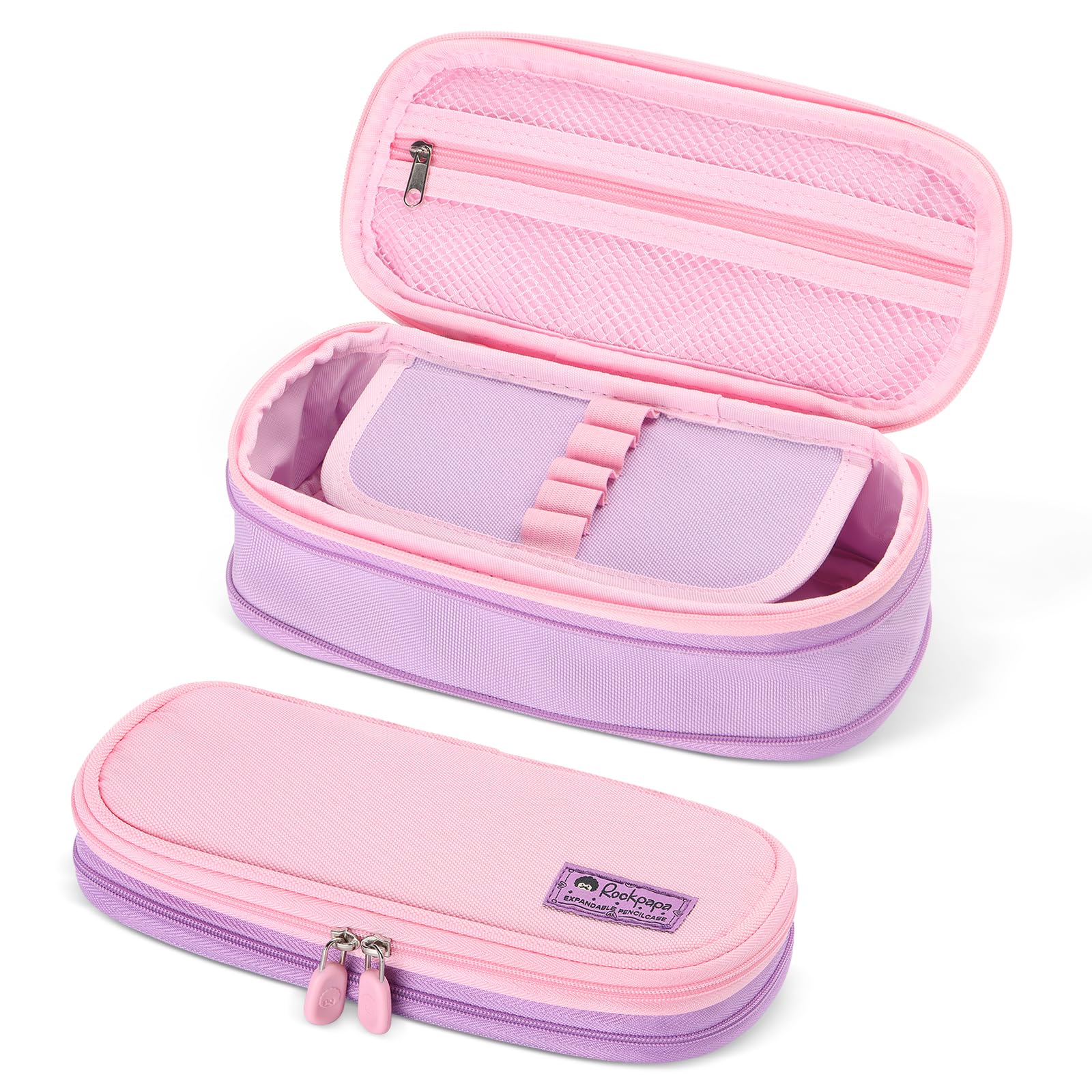 rockpapa Expandable Cute Pencil Case for Girls, Aesthetic Pencil Case with Compartments, Pencil Pouch with Zipper for Kids, Pencil Box Bag Holder Organizer for School Pink Purple