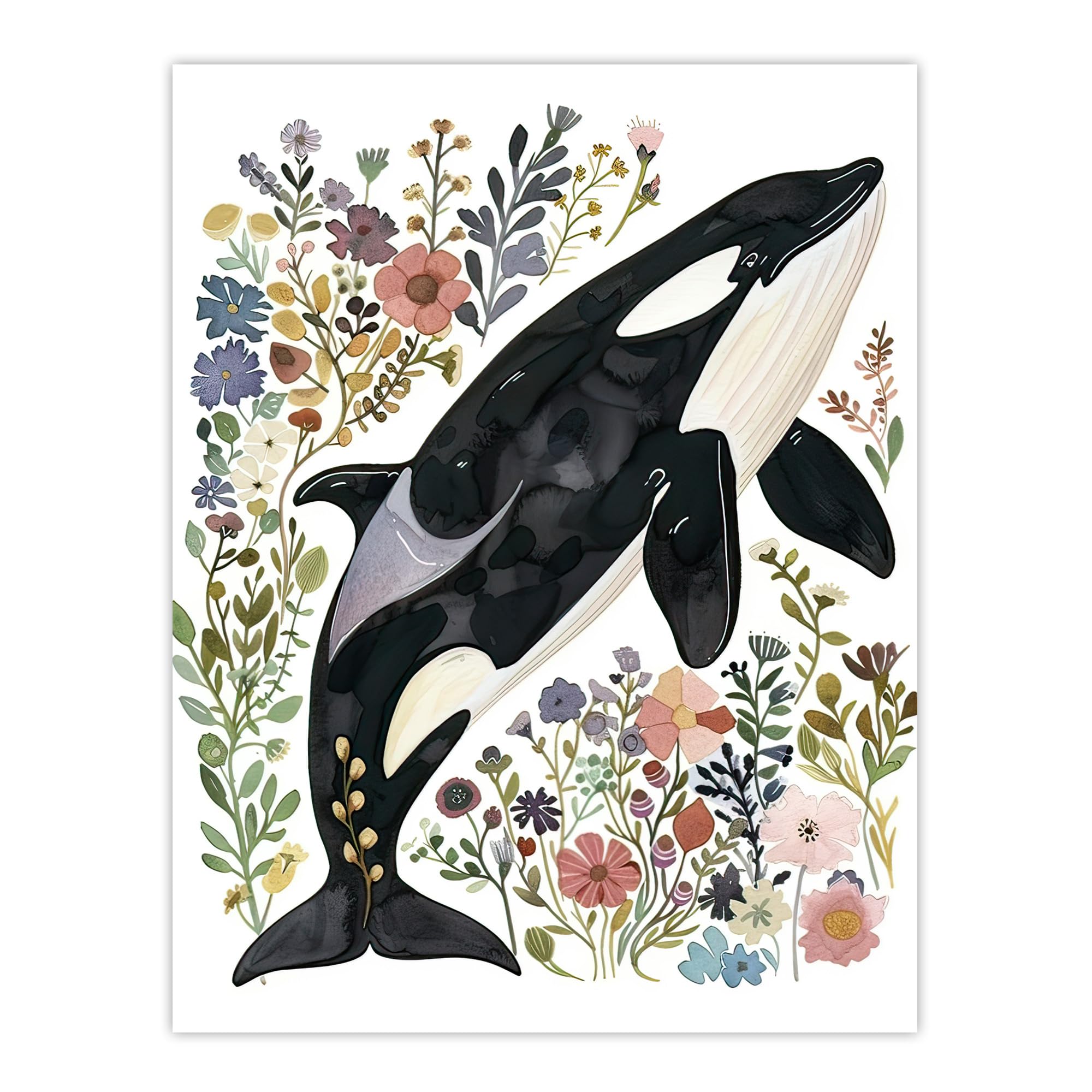 Artery8 Orca Killer Whale with Wildflowers Bright Floral Living Room Extra Large XL Wall Art Poster Print
