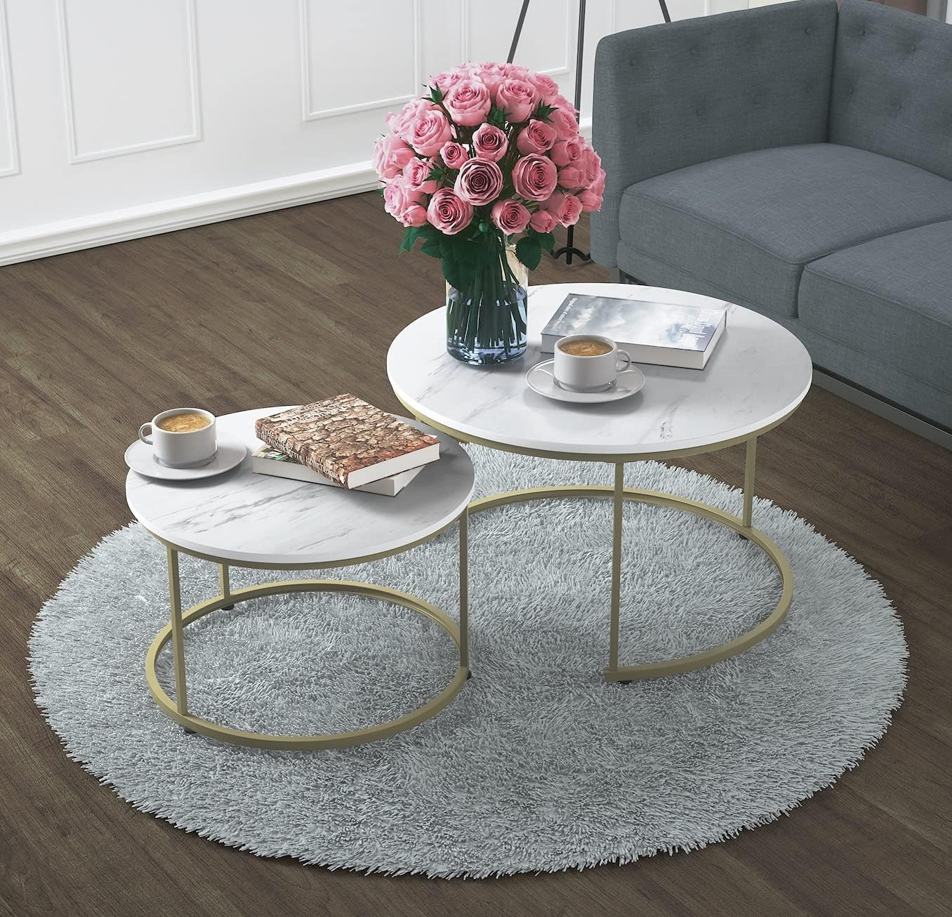 Yechen Coffee Table for Living Room, Set of 2 Modern Nesting Side Coffee Tables, Contemporary Accent Coffee and Snack End Table for Living Room,31 inch, White Table Top with Gold Metal Frame