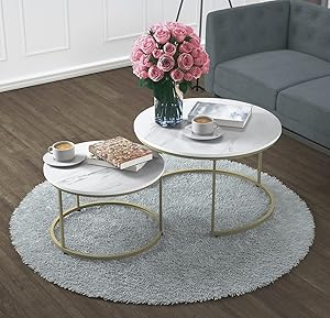 Yechen Coffee Table for Living Room, Set of 2 Modern Nesting Side Coffee Tables, Contemporary Accent Coffee and Snack End Table for Living Room,31 inch, White Table Top with Gold Metal Frame