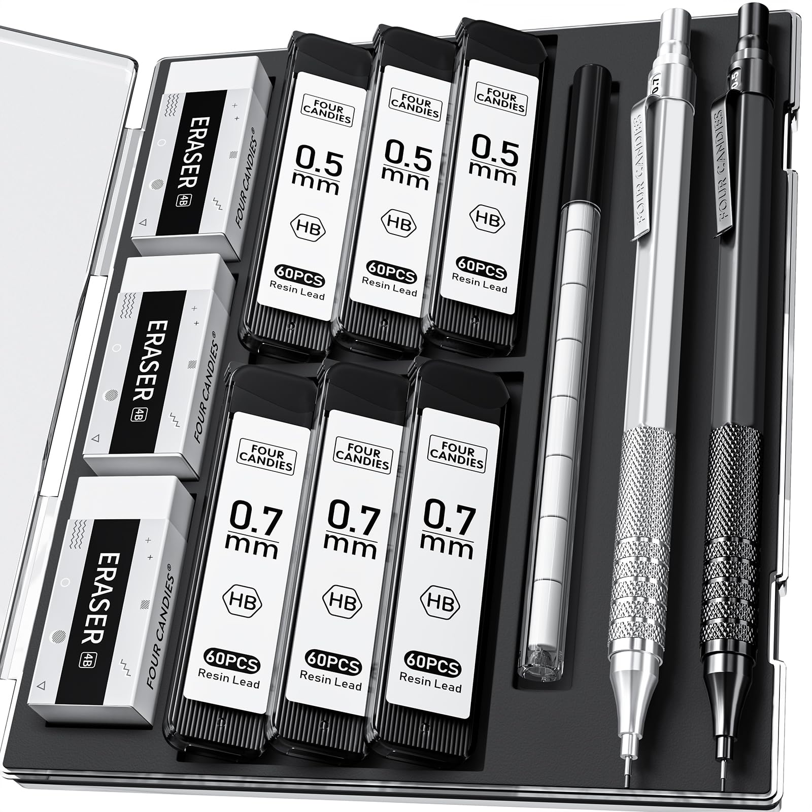 Four Candies Mechanical Pencil, Drafting Metal Pencils Set with 360PCS HB Lead, 3 Erasers, 9 Eraser Artist Pencil and Case for Drawing and Sketching, 0.5 & 0.7 mm, 2Pcs (Black & Silver)