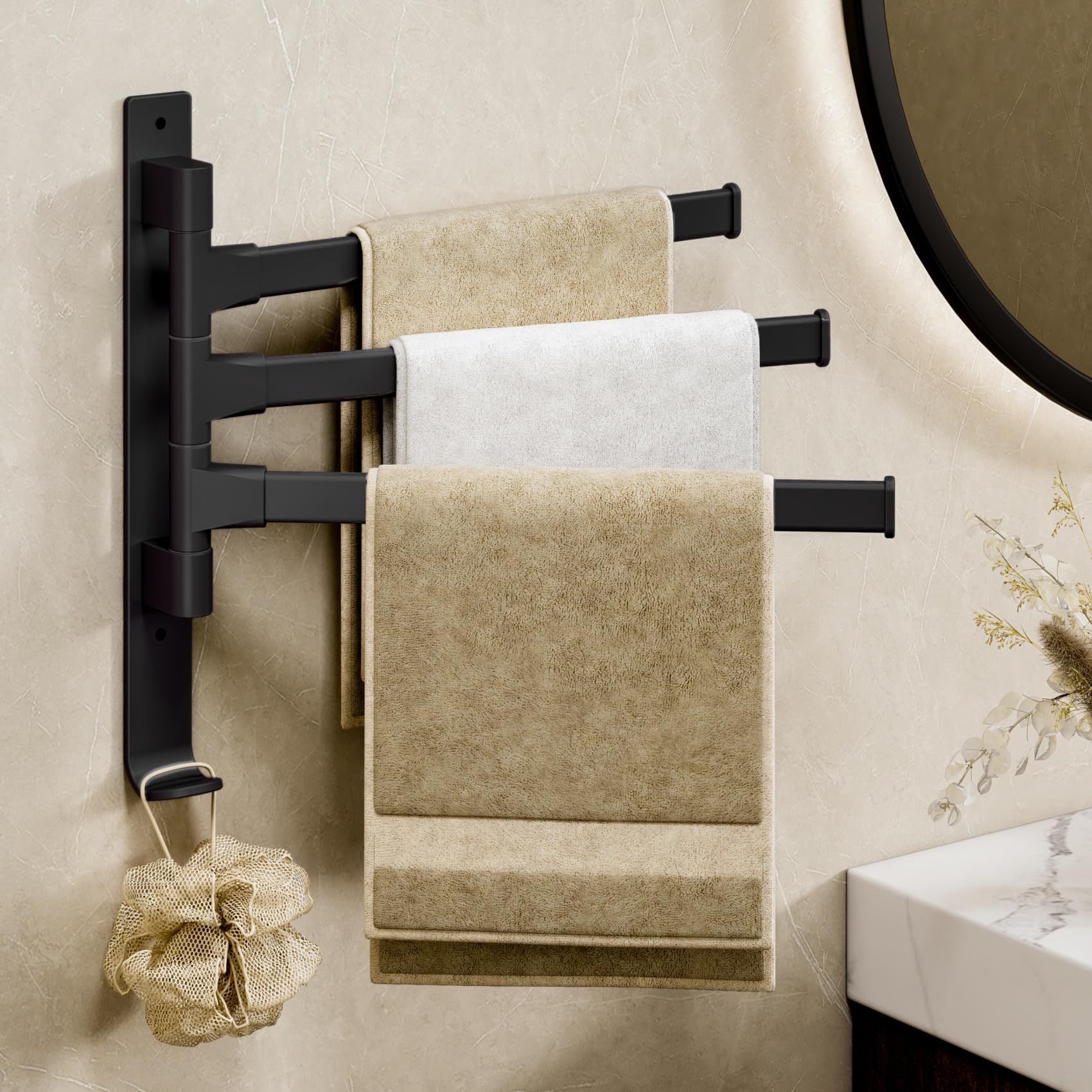 yozhch Kitchen Swivel Towel Rail Wall Mounted, Bathroom Rotating Small Towel Rack, Lavatory Swing Hand Towel Holder Folding Bar, 3 Arm Length 32cm, Black