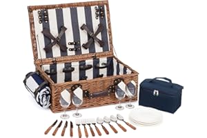 Extra Large Willow Picnic Basket with Service Set for 4 Persons, Natural Wicker Picnic Hamper with Free Food Cooler, Fleece B