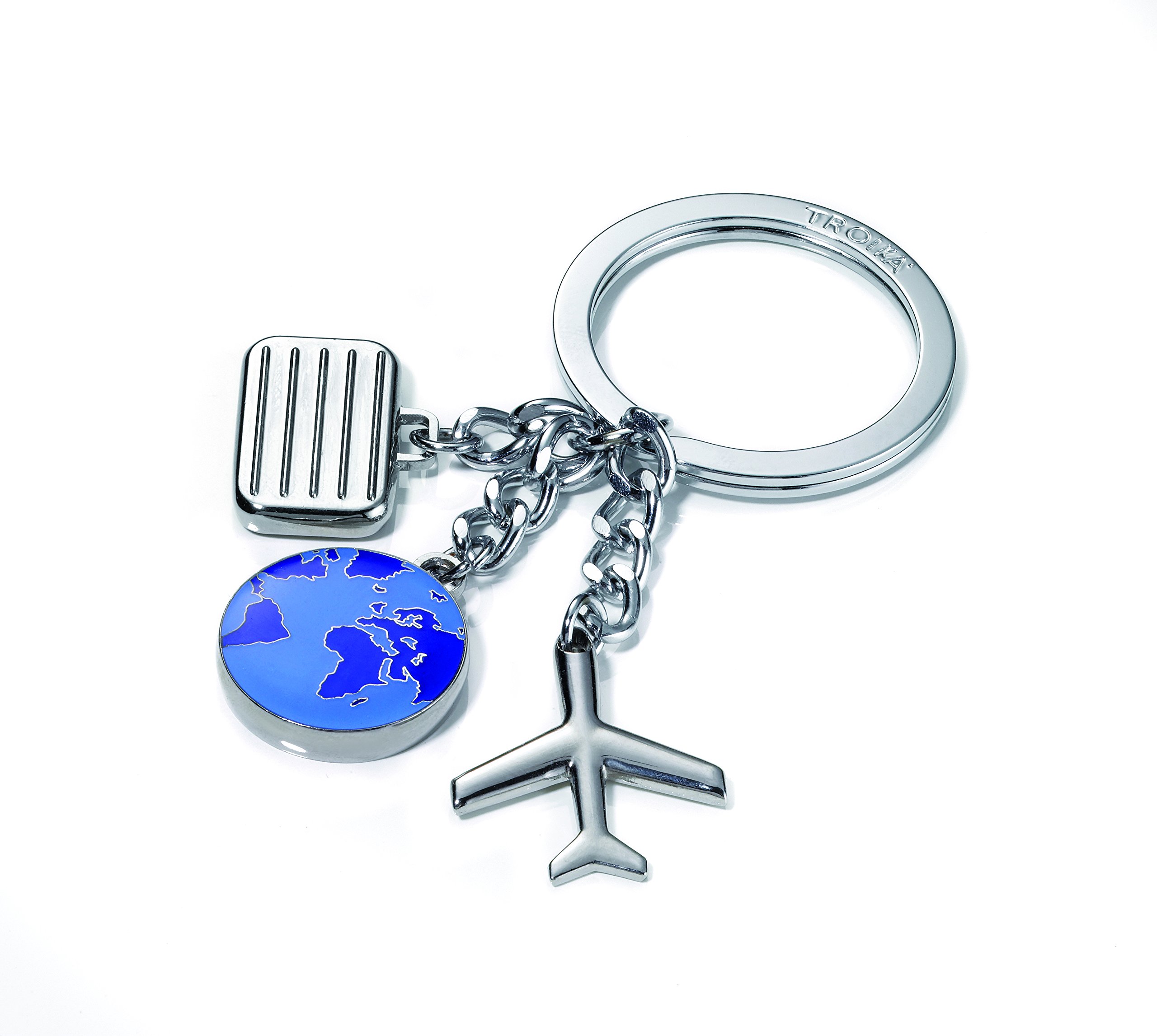 TROIKA WELTENBUMMLER – KR10-45/CH – Keyring with 3 Travel Charms – cast Metal/Enamel– Shiny – Chrome Plated – Blue, Silver – TROIKA-Original