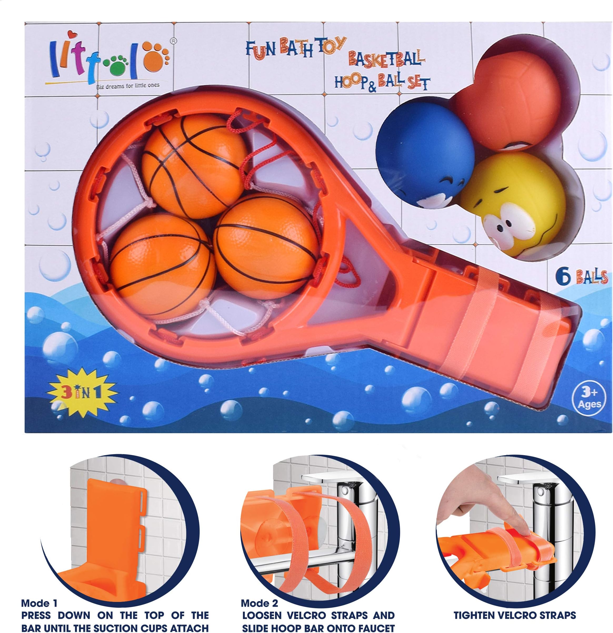 Bath Toy Basketball Hoop & Balls PlaySet(3 in 1 Design) With 6 Balls Bath Toys,Gift Box & Mesh Bag,Bathtub Toy Gadget for Boys Girls,Kids,Child Gift,Strong Suction Cup&Magic Rope,Smile Balls, Fun Time