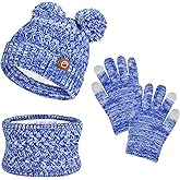 Kids Winter Hat Gloves Scarf Set,Toddler Girls Winter Hat Kids Beanie with Pom Neck Warmer Gaiter Mittens Fleece Lined Set