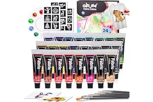 Colorful Fabric Paint Set for Clothes 24 Colors - Permanent Textile Paint Puffy Paint Kit for Shoes, Canvas - Non-Toxic Slick