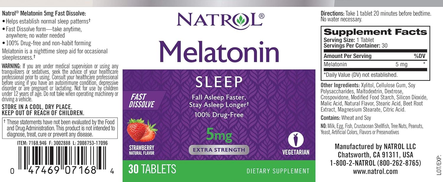 Natrol Melatonin Fast Dissolve Tablets, Helps You Fall Asleep Faster, Stay Asleep Longer, Easy to Take, Dissolves in Mouth, Faster Absorption, Maximum Strength, Strawberry Flavor, 5mg, 200 Count: Health & Personal Care