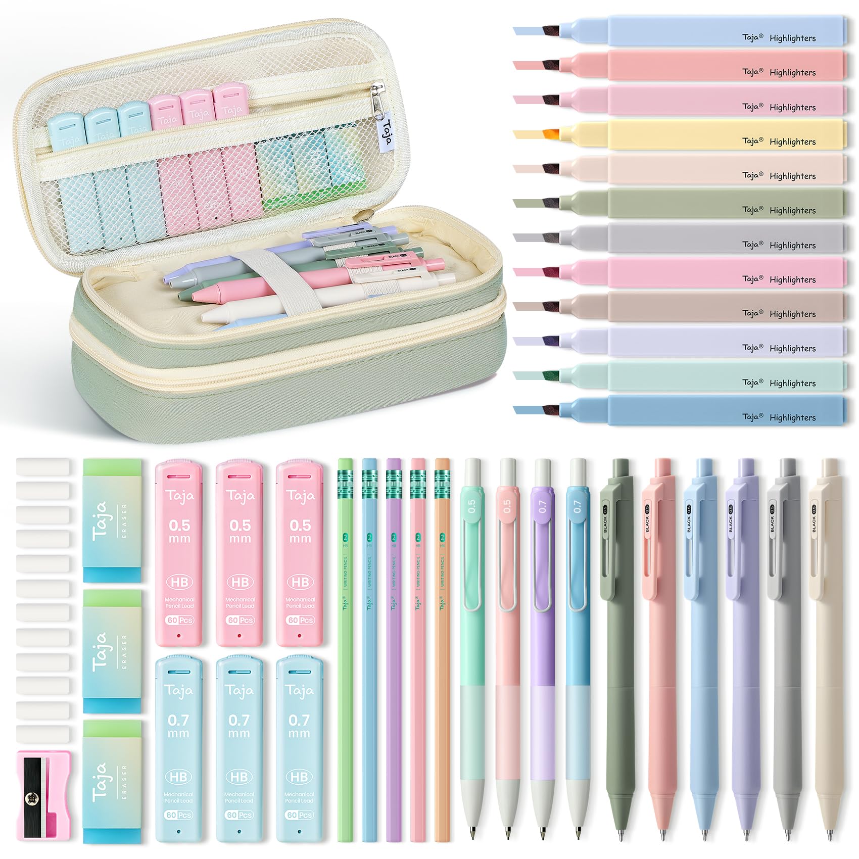 Photo 1 of 39 PCS Aesthetic School Supplies with Cute Pencil Case – 12 Pastel Highlighters, 6 Black Ink Gel Pens, 4 Mechanical Pencils and 5 Pack #2 Pencils, Ideal Back to School Student Stationery Set - Green