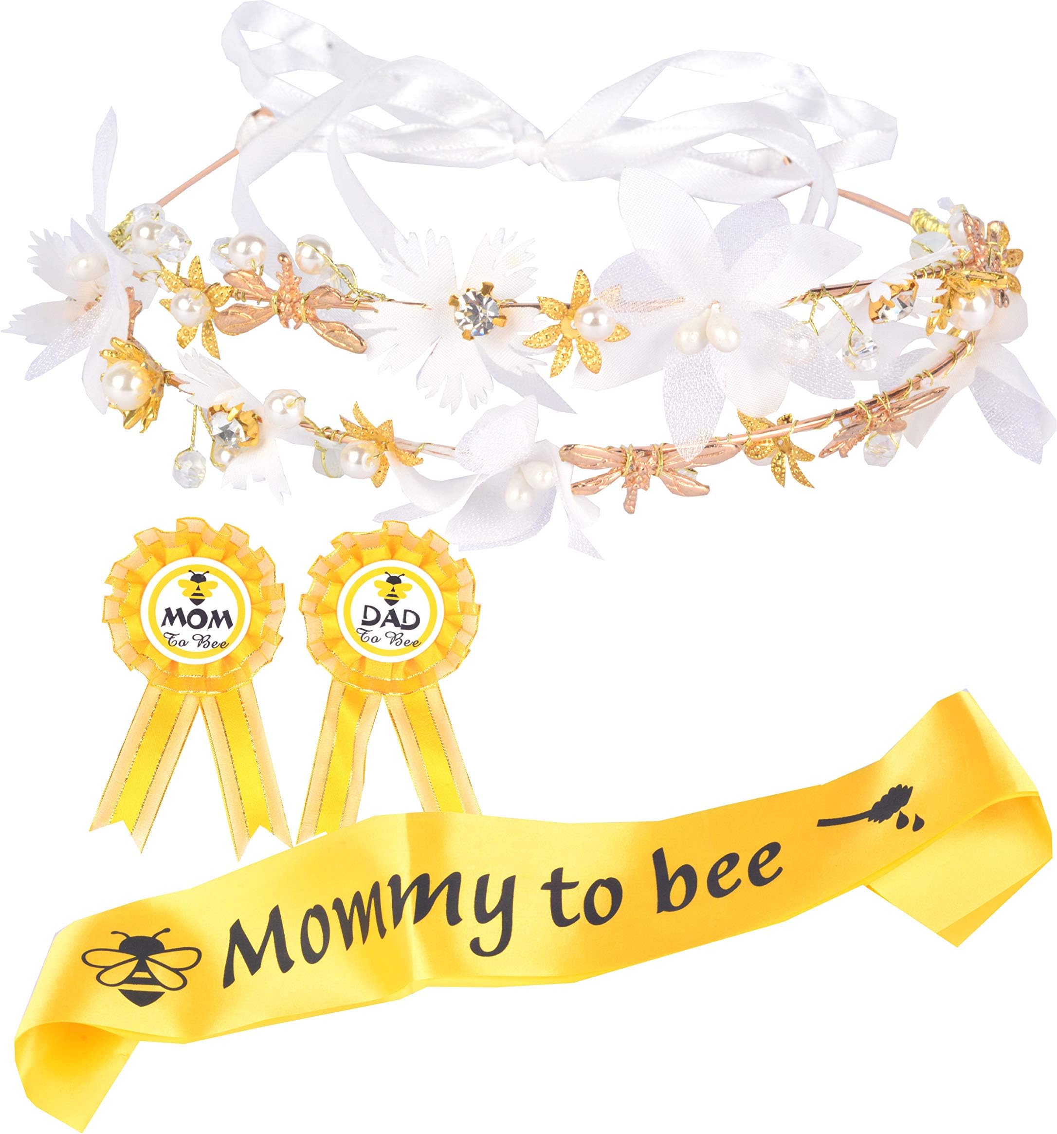 Mommy to Bee Baby Shower Decoration, Mother to Be Flower Crown Set, Mommy to bee Sash and Mommy to bee Pin,Dad to Bee Pin, Bee and Honey Baby Shower Party Favors Decorations Gift Pregnant Party Decor