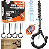 [HEAVY-DUTY] 200Lbs 5&rsquo;&rsquo; M8 Q-Hanger Hook with Safety Buckle &amp; Washer, 4Pcs | Super thick 8MM Windproof Screw Hooks for Hanging Plants, Yoga, Lights, Indoor &amp; Outdoor Uses, Expansion Tubes, Screwdriver