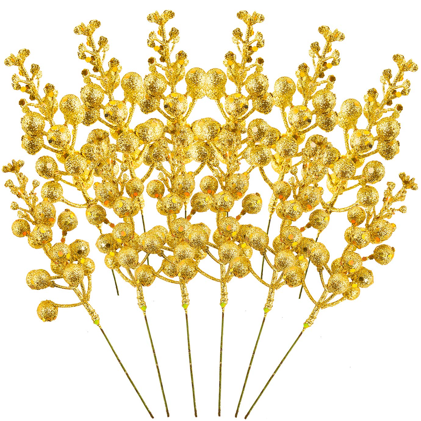 QUACOWW 12 Pieces Christmas Glitter Berries Stems 7.08 Inch Artificial Fruit Berry Picks Holly Berry Twig for Xmas Tree Ornament DIY Craft Christmas Wreath Garland Decoration（Gold）