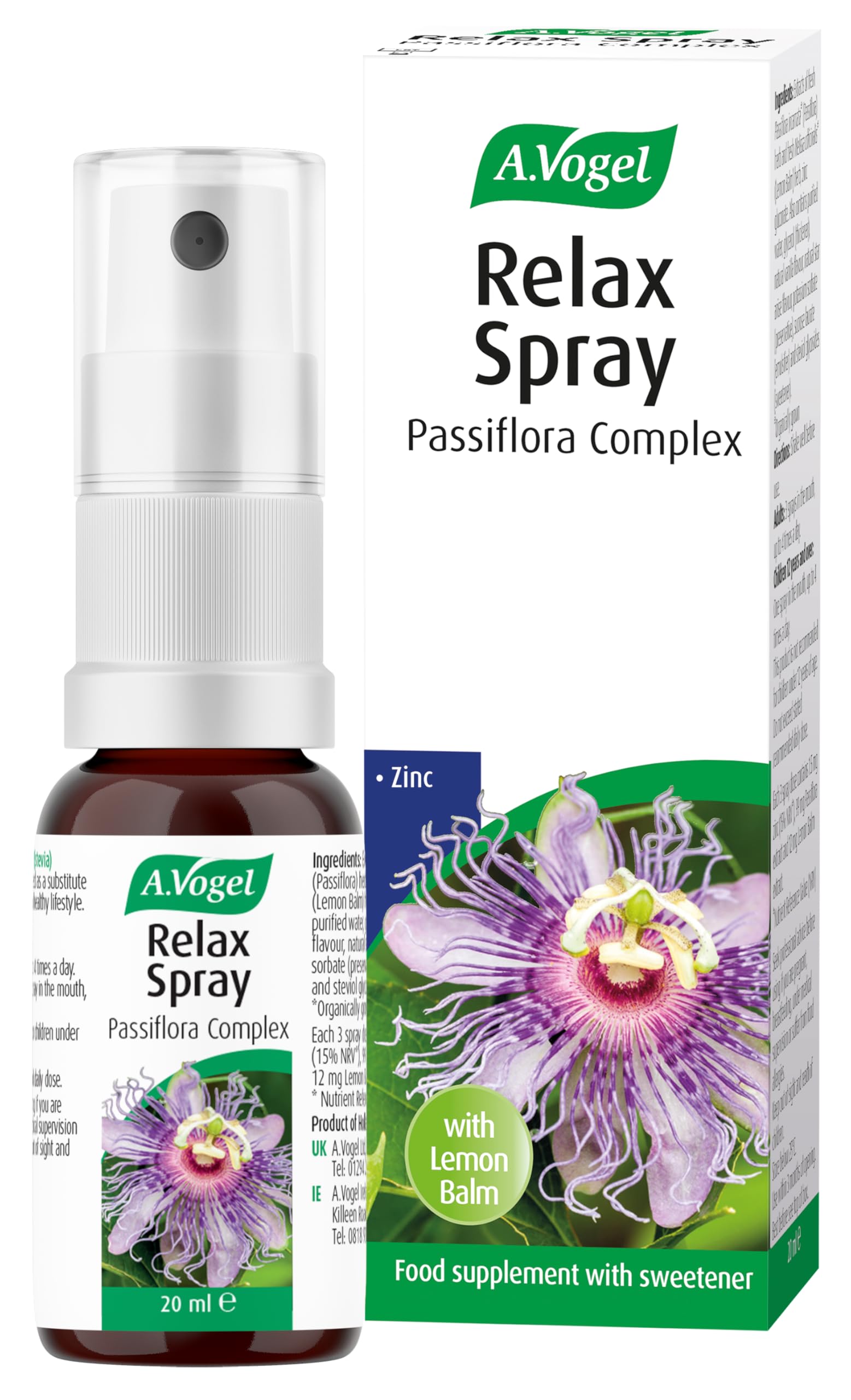 A.Vogel Relax Spray Passiflora Complex | Passiflora Supports Relaxation | Extracts of Passion Flower, Lemon Balm & Zinc, which Protects Cells from Oxidative Stress | 20ml