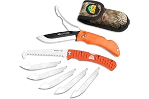 OUTDOOR EDGE RazorPro Double Blade Hunting Knife with Flip N’ Zip Bone Saw – Folding Knife with Gutting Blade & Replaceable RazorSafe Skinning Edge, Includes Camo Nylon Sheath