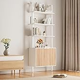 INNOD 74" Tall Bookshelf with Storage Cabinet, Modern Ladder Shelf with Wood and Metal Frame, Wall Mount Bookcase Open Display Shelf Furniture for Living Room, Bedroom, Home Office, White and Oak