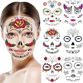 Halloween Temporary Face Tattoos Makeup Kit, Day of the Dead Sugar Skull Floral Black Skeleton Web Red Roses Full Face Mask Stickers Tattoo Families Party Supplies