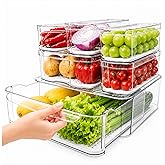 SMRCAD Clear Fridge Bins with Drain Trays - BPA-Free PET, Stackable(6 Pack) | 6 Pack: 1 Drawer + 5 lidded Bins, Helps Keep Pr