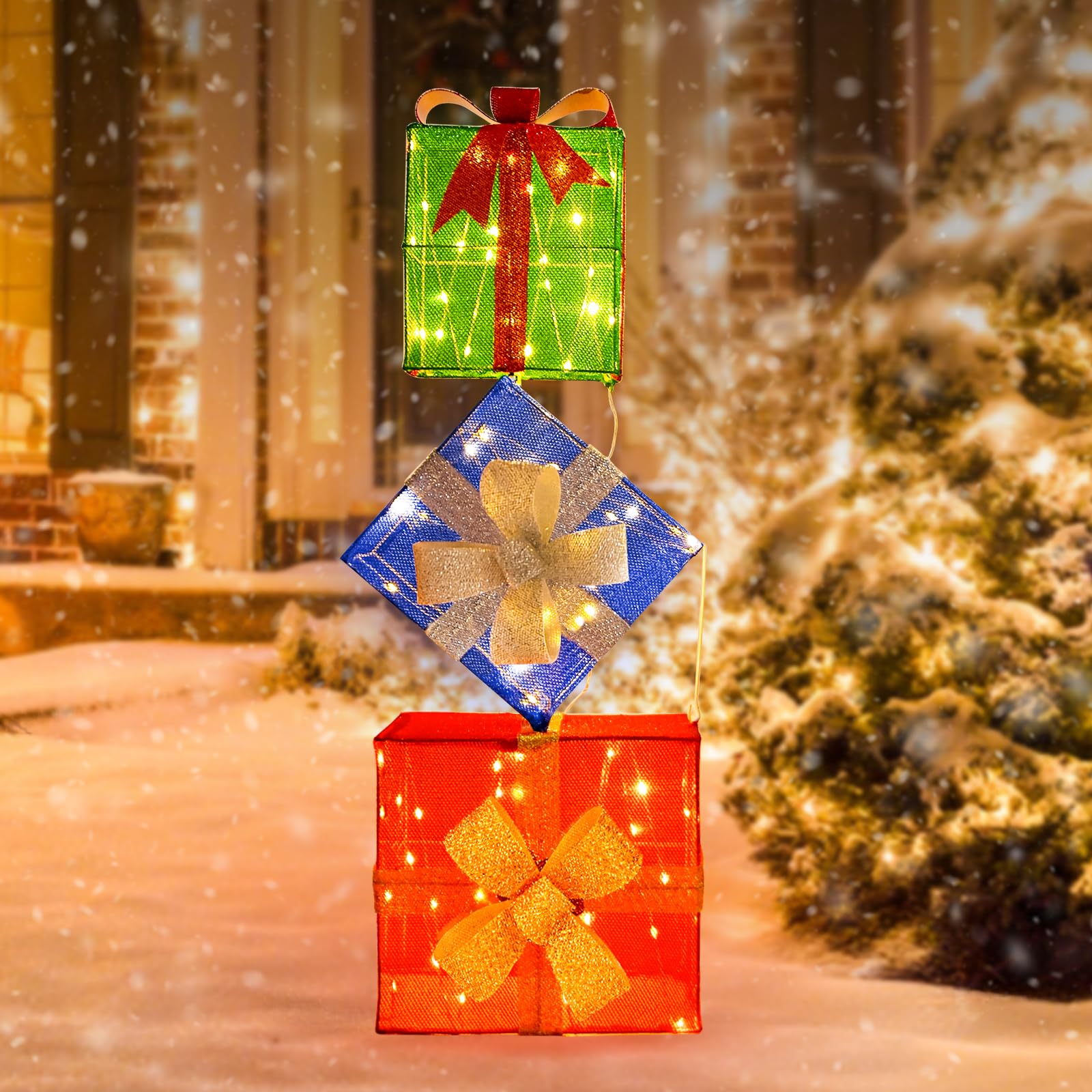 Photo 1 of 3D Christmas Lighted Gift Boxes, Outdoor IP65 Waterproof 80 LEDs Colorful Stackable Christmas Decorations with Bow Timer Set of 3 Warm White Xmas Lights Decor for Yard Lawn Holiday Home Indoor -32inch