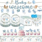139 PCS Greenery Gender Reveal Baby Shower Plates and Napkins Supplies, Boho Greency Party Decorations Tableware Set Dessert Plates Napkins Forks for 20 Guests (Blue)