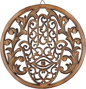 DharmaObjects Handcrafted Hamsa Hand Of Fatima Home Blessing Protection Wooden Rustic Wall Mounted Decor Hanging Art (Brown)