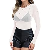 LOMON Womens Mesh Tops Lace Shirts Long Sleeve Crew Neck Sexy See Through Blouses Tee Party Club Night