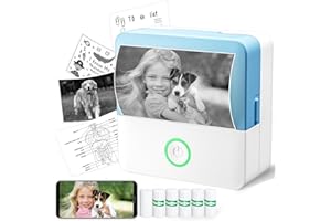 ADBAOBO Mini Sticker Printer, Portable Bluetooth Photo Printer with 6 Roll Papers, Pocket Thermal Printer for Study Notes, Scrapbook Supplies, Journals, Receipts, Compatible with Phone & Tablet, Blue