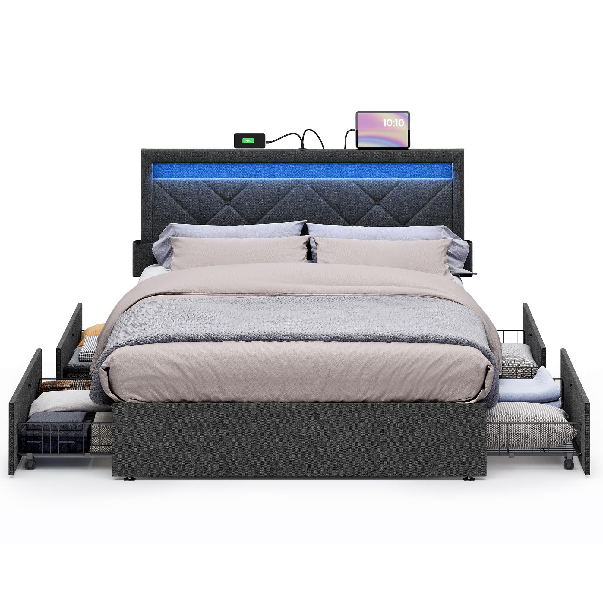 Photo 1 of VASAGLE LED Bed Frame Full Size, Full Bed with Headboard and 4 Drawers, 1 USB Port and 1 Type C Port, Adjustable Upholstered Headboard 37.1/39.6 Inches, No Box Spring Needed, Dark Gray URMB822G71