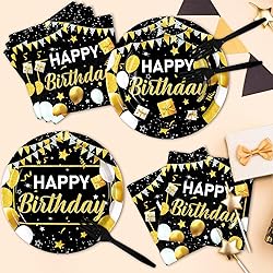 Grencian 96 Pcs Black and Gold Happy Birthday Party