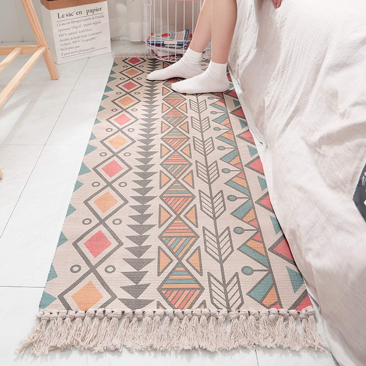 Cotton Linen Bedside Carpet Woven Mat Bedroom Runner Rug Living Room Carpets Hand Made Indian Rugs Bohemia Modern Printing Mat 1 60x180cm Amazon Com