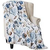 Ocean Life Coastal Throw Blanket: Soft Plush Velvet Fleece Blues Greys and Beige Brown on White, Accent with Shells Coral and Starfish, 50" x 70" Inches (Coral Reef)