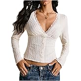 SHENHE Women's Lace Trim Deep V Neck Long Sleeve Crop Top Going Out Fall Coquette Shirt