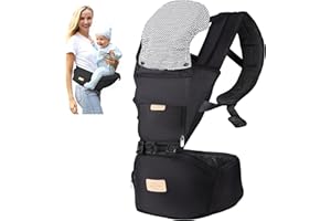 FRUITEAM 6-in-1 Baby Carrier with Waist Stool/Hip Seat for Breastfeeding, One Size Fits All - Adapt to Newborn, Infant & Toddler (Cool Black)