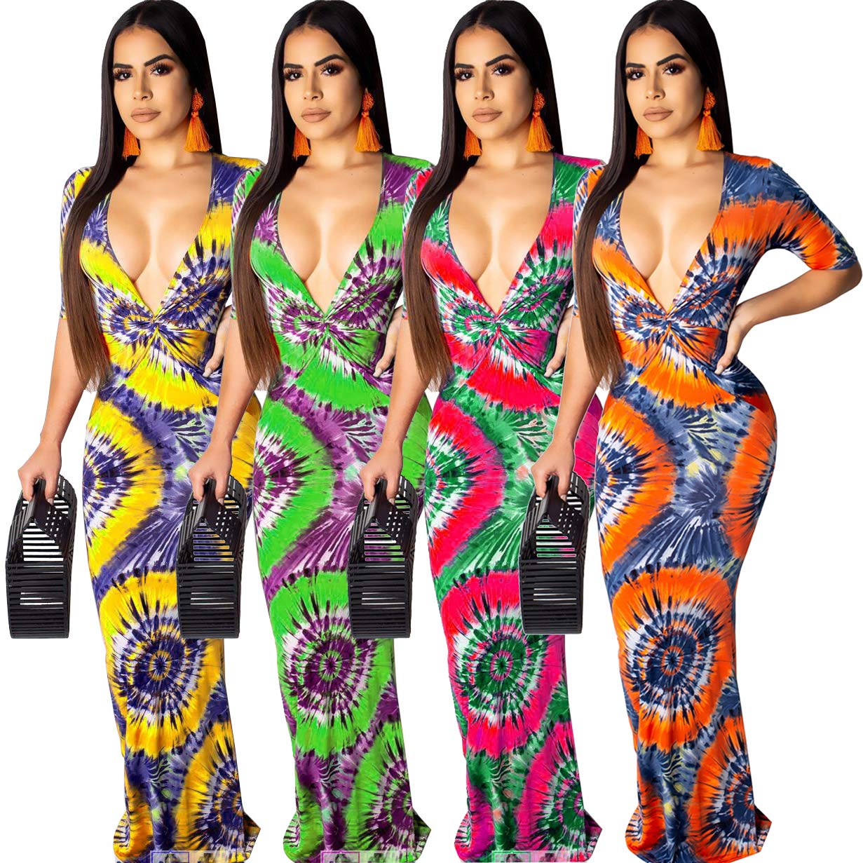 Choichic Women\'s Summer Bodycon Maxi Dress - Sexy Deep V Neck Short Sleeve Tie Dye Dresses Large Green