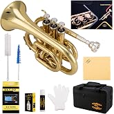 Glory Bb Pocket Trumpet with Case, Cleaning Cloth, Gloves, Gold Lacquer (LAQUER)