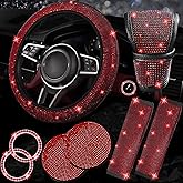 NBTEPEM 8 pcs Red Bling Car Accessories Set for Women, Steering Wheel Cover, Sparkly Seat Belt Covers, Bling Gear Shift Cover, Universal Fit Most Cars (Red Diamond)