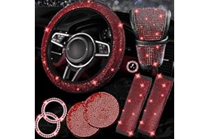 NBTEPEM 8 pcs Red Bling Car Accessories Set for Women, Steering Wheel Cover, Sparkly Seat Belt Covers, Bling Gear Shift Cover, Universal Fit Most Cars (Red Diamond)