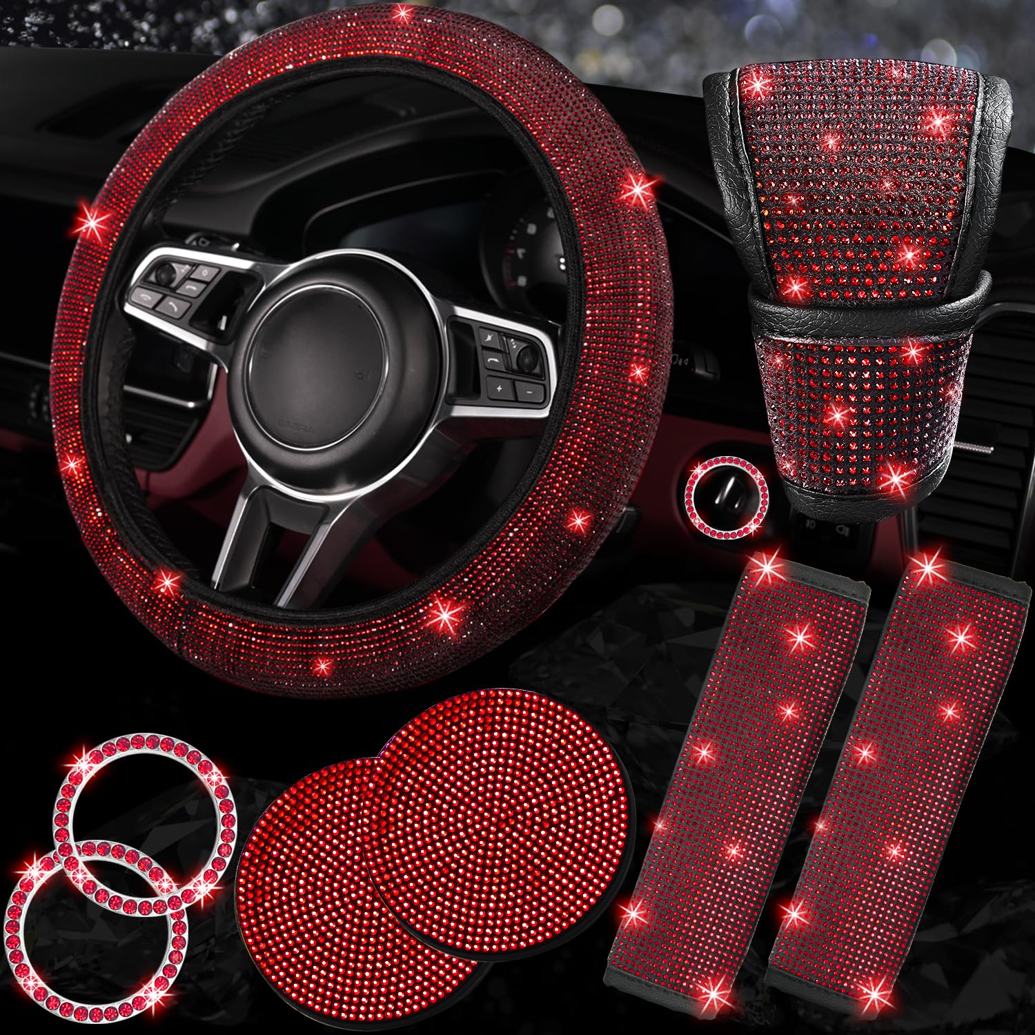Photo 1 of **INCOMPLETE SET / SEE PHOTOS *** NBTEPEM 8 pcs Red Bling Car Accessories Set for Women, Steering Wheel Cover, Sparkly Seat Belt Covers, Bling Gear Shift Cover, Universal Fit Most Cars (Red Diamond)