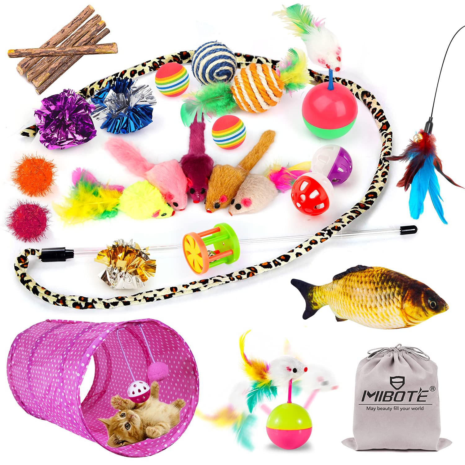 MIBOTE 24Pcs Cat Toys Kitten Catnip Toys Assorted, 2 Way Tunnel, Fish, Interactive Feather Teaser, Fluffy Mouse, Tumble Cage Mice, Crinkle Rainbow Balls Bells Toys for Puppy Kitty