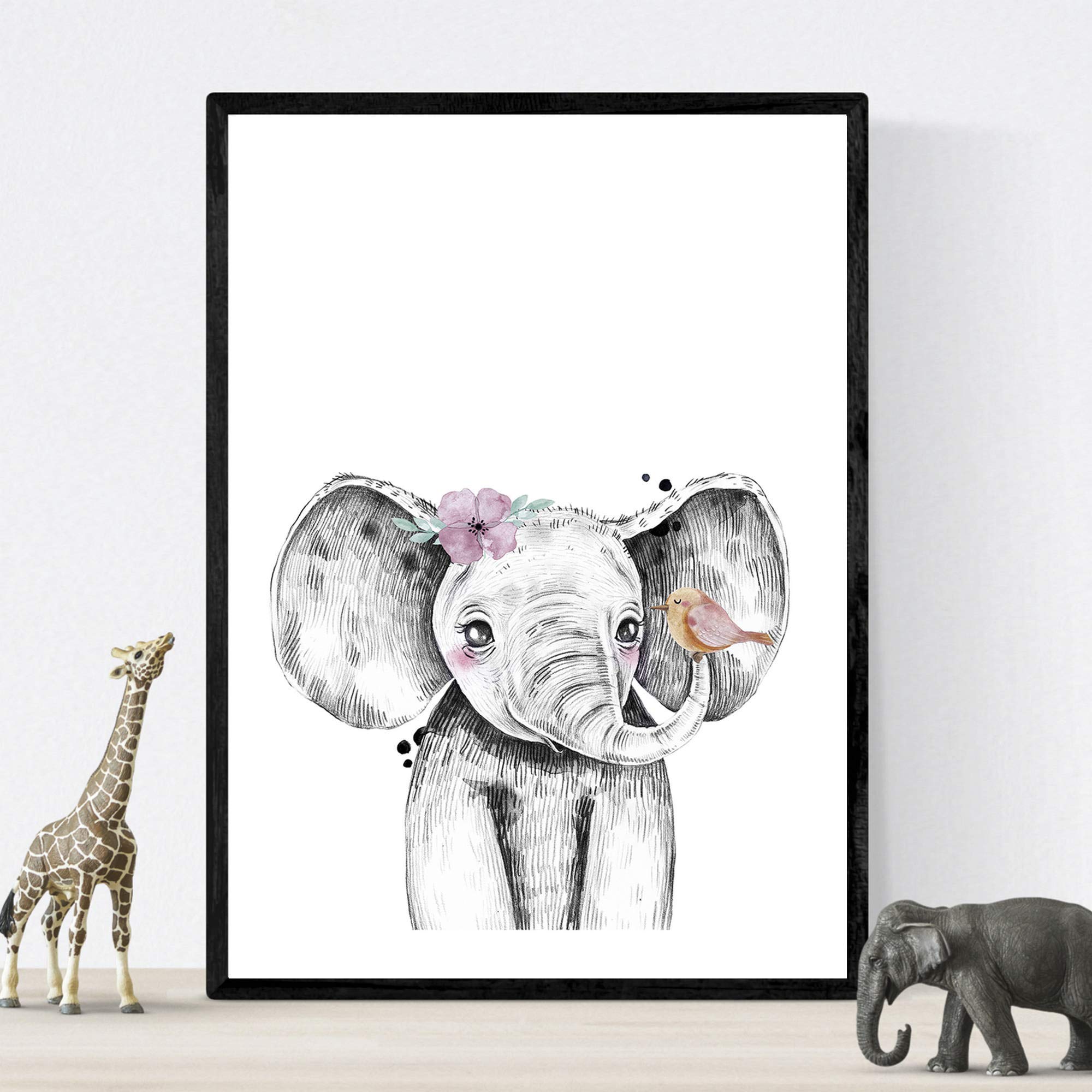 Nacnic Children's film Elephant with flower and bird Poster Size A3 infant animals Unframed