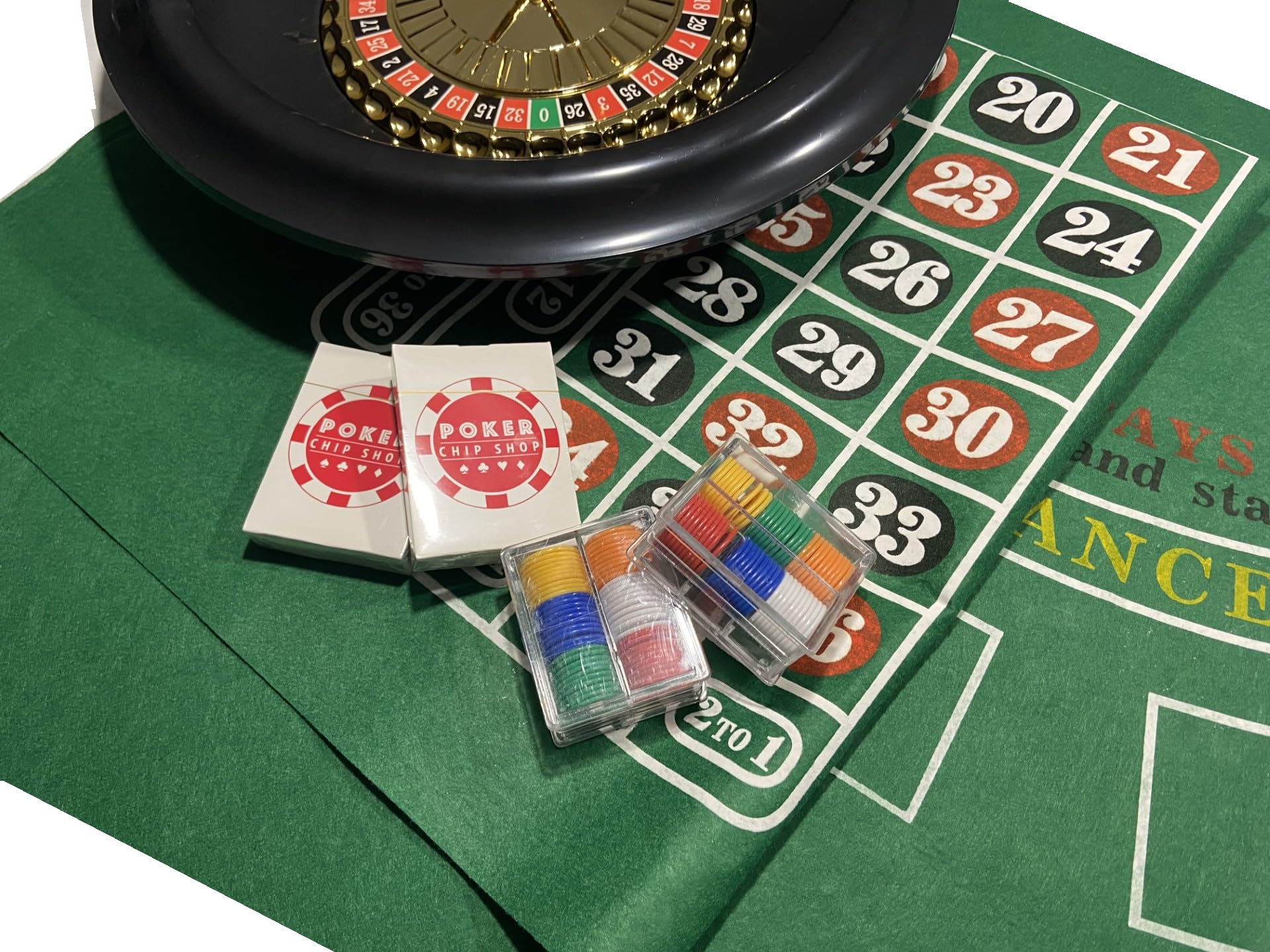 ROULETTE & BLACKJACK SET - LARGE WHEEL, 2 X PLAYING MATS, BALLS, MARKER, 2 PACKS OF CHIPS, 2 X PLAYING CARDS