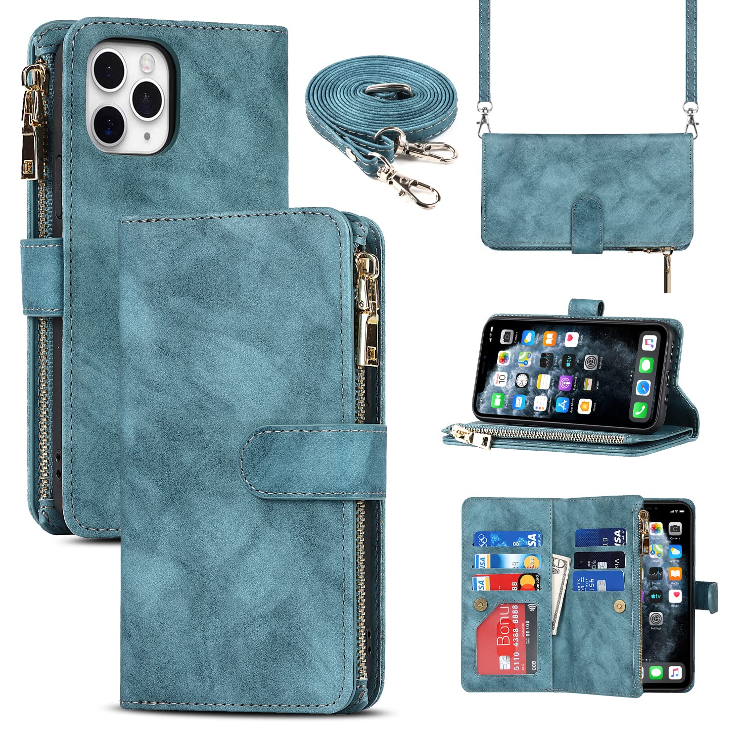 Cavor Crossbody iPhone 11 Pro Max Case With Card Holder With Strap,Flip Leather Wallet Case,[9 Card Holder] Zipper Detachable Lanyard Phone Case Cover for Women for iPhone 11 Pro Max - Light Blue — image 1