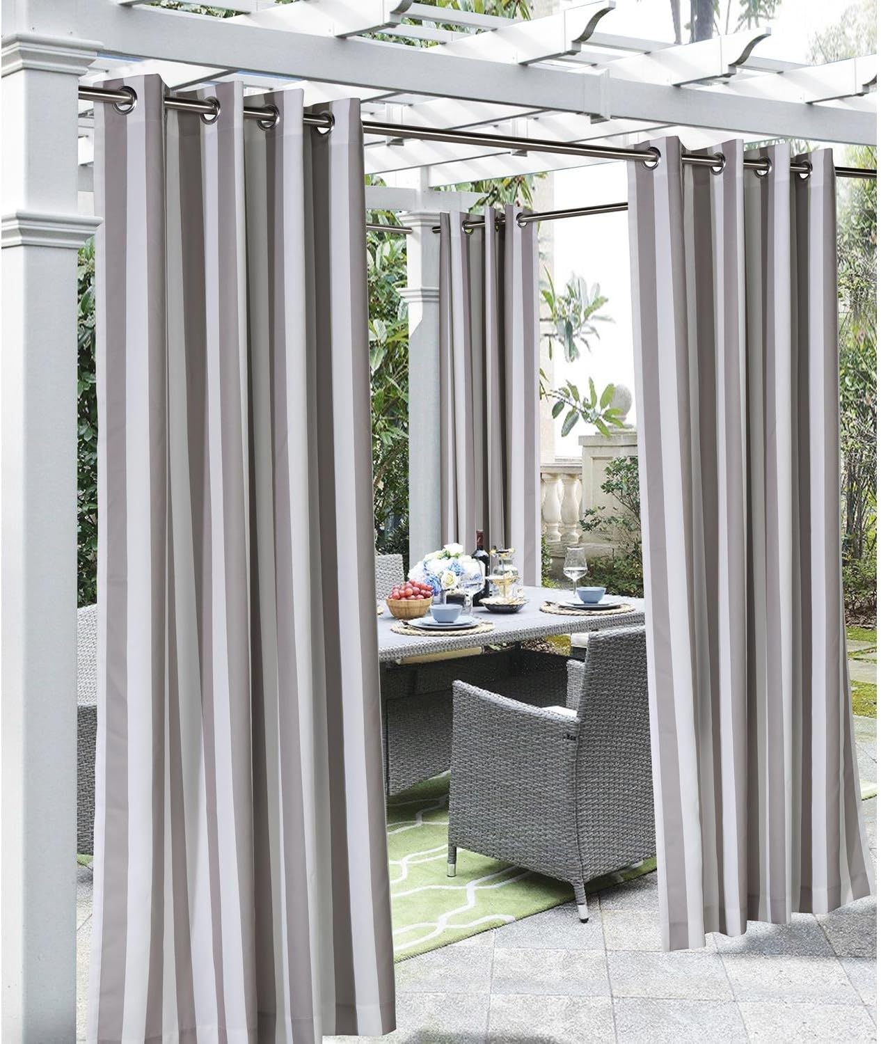 Outdoor Curtains - Outdoor décor Coastal Stripe Grommet Curtain Panel Window Dressing 50 x 84 in Taupe