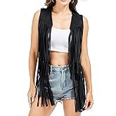 Fahsyee Fringe Vest Women Western Outfits 70s Hippie Cowgirl Sleeveless Top Faux Suede Tassel S-XXL