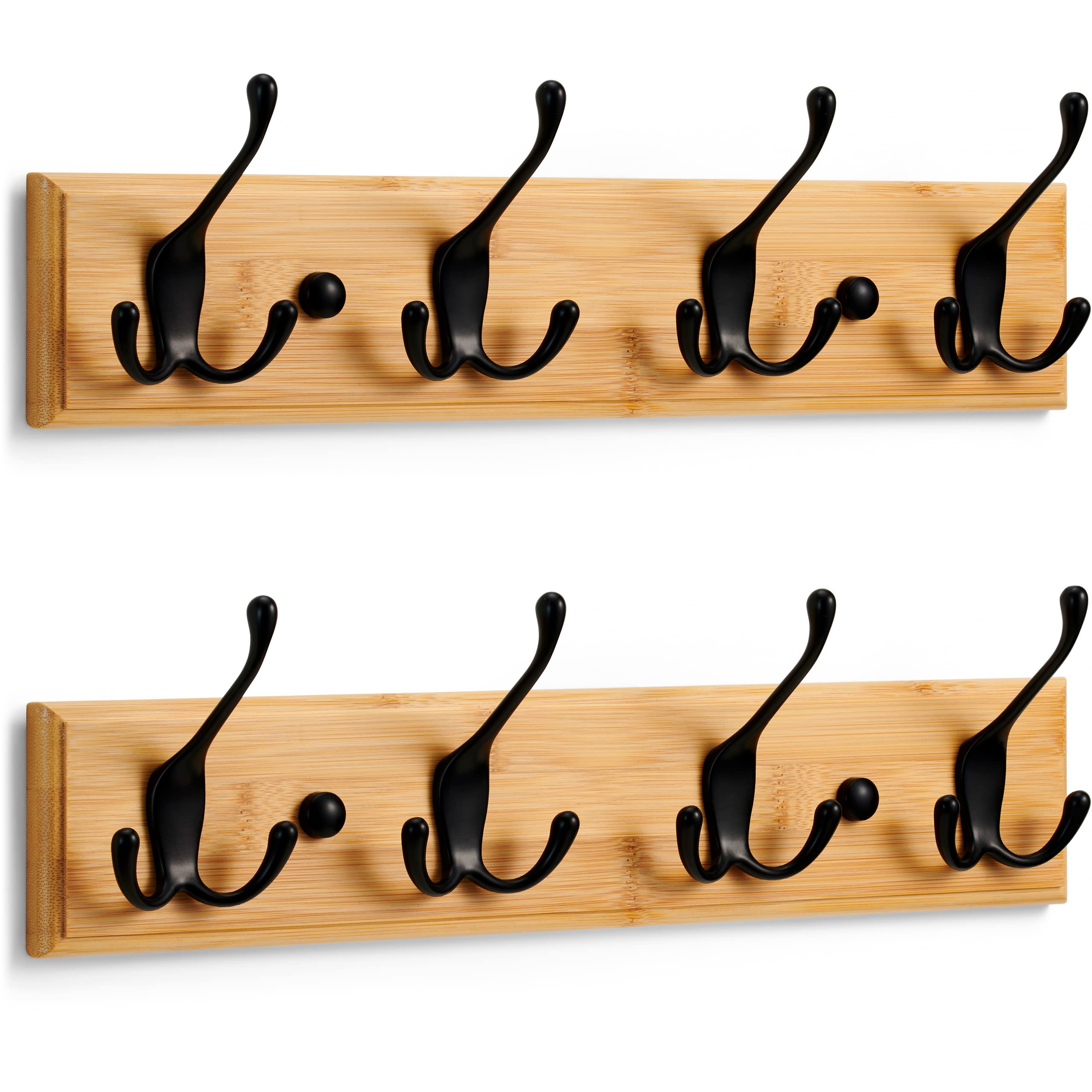 LARHN Wooden Coat Hooks - Wall Mounted Coat Rack (2 Pack) - 4 Triple Black Coat Hooks for Wall on Bamboo - 42 cm - All Fixings Included for Quick & Easy Installation