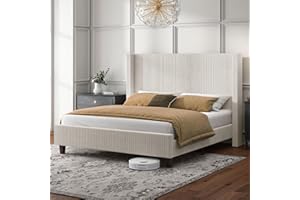 HOWE King Size Upholstered Platform Bed Frame, Wingback Bed with 50.8" Headboard, Corduroy/Solid Wood Leg/No Box Spring Needed/Noise Free/Cream