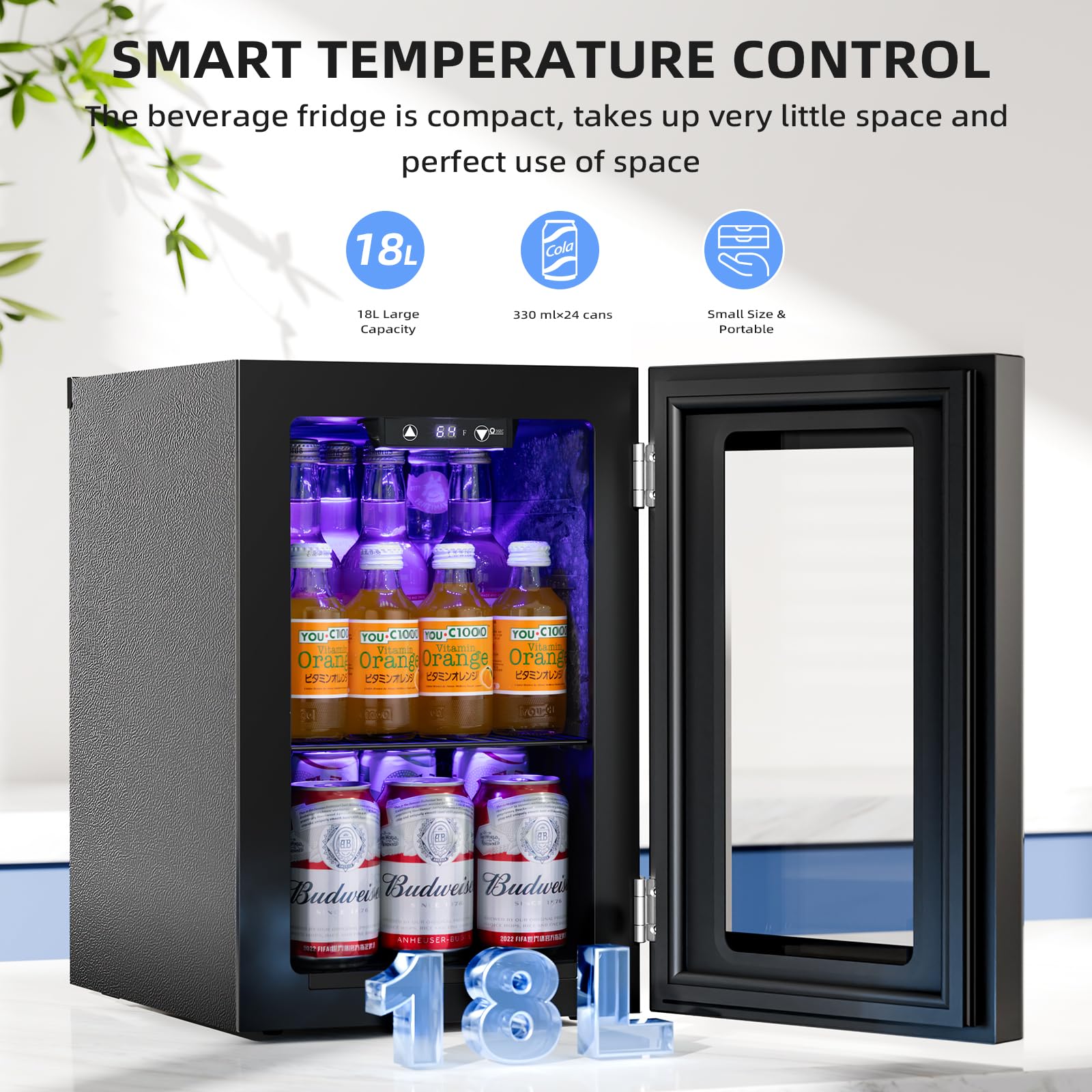 Antarctic Star 18L Beverage Refrigerator Cooler 24Can, Mini Fridge with Quiet Compressor, LED Light,Freestanding Small Fridge with Electronic Temperature Control for Home and Bar(40-61 ℉)